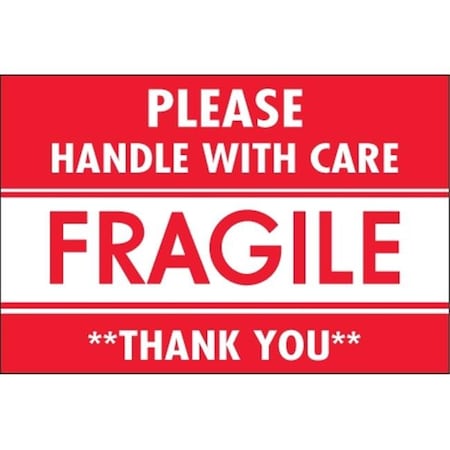 Box Partners Tape Logic DL2157 2 x 3 in. - Fragile - Handle with Care Labels; Red & White - Roll of 500 DL2157